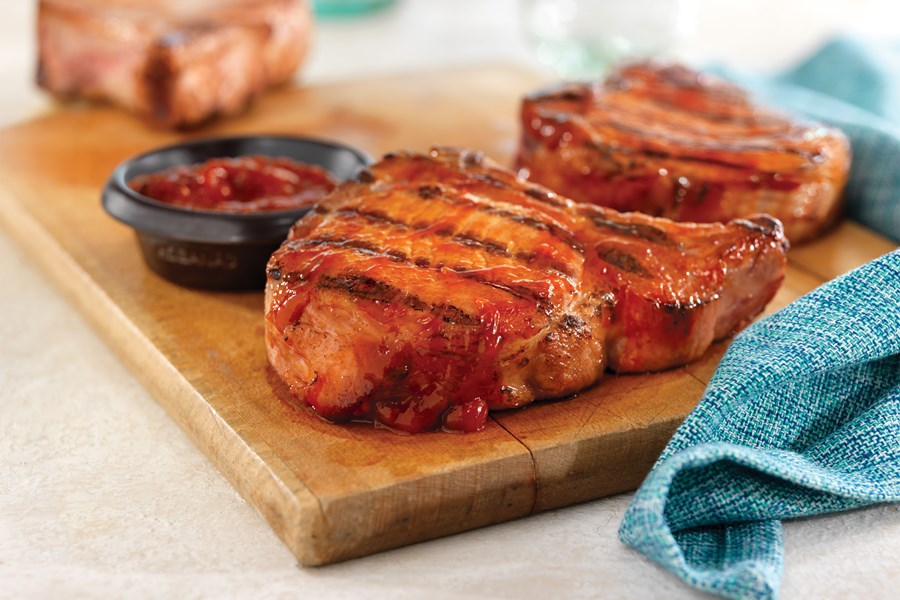 Grilled Ribeye Pork Chops with Easy Spicy BBQ Sauce