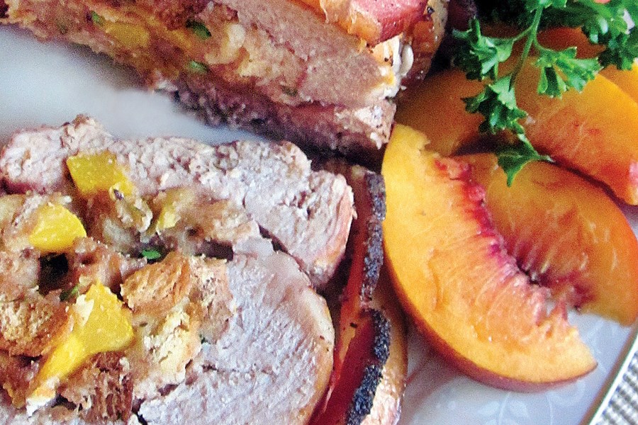 Bacon-Wrapped Pork Loin with Peach & Blue Cheese Stuffing