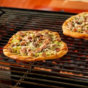 Grilled Pizzas with Herbed Pork and Brussels Sprouts