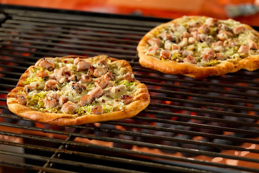 Grilled Pork Chop Pizzas with Brussels Sprouts