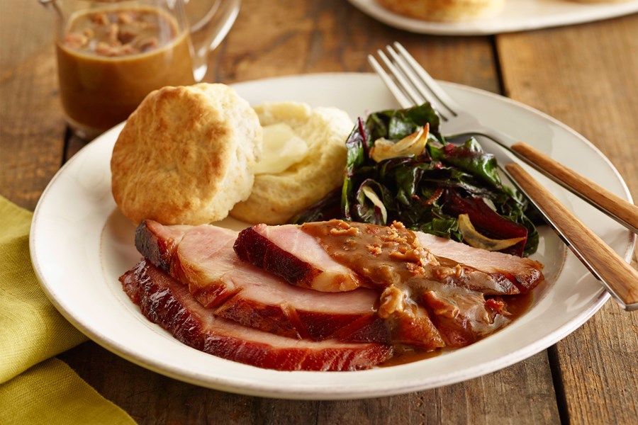 Molasses-Glazed Ham with Bacon Red-Eye Gravy