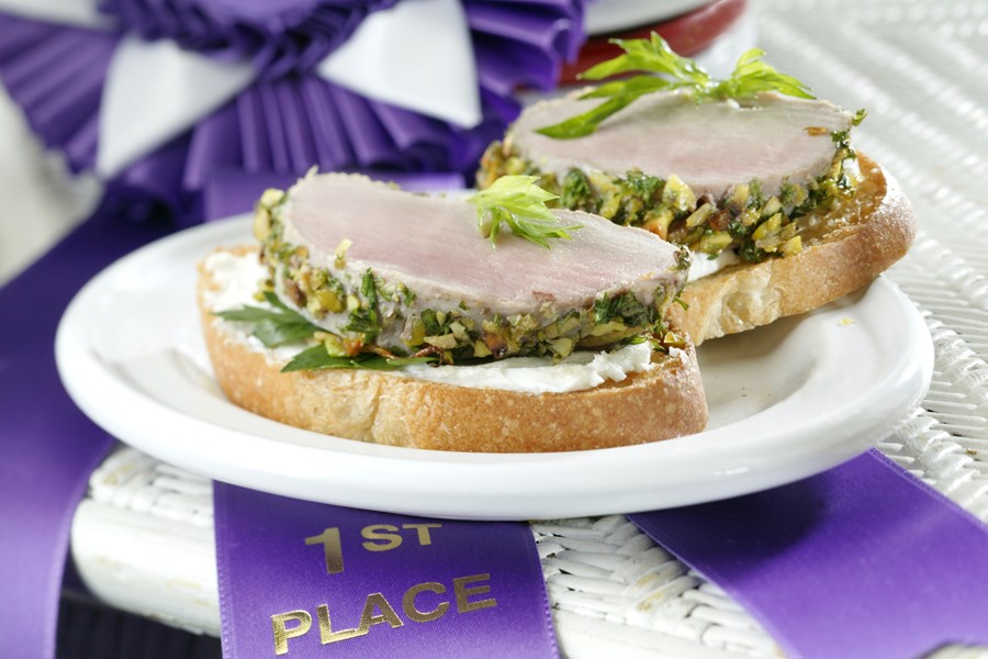 Pistachio-Crusted Pork Tenderloin Bruschetta