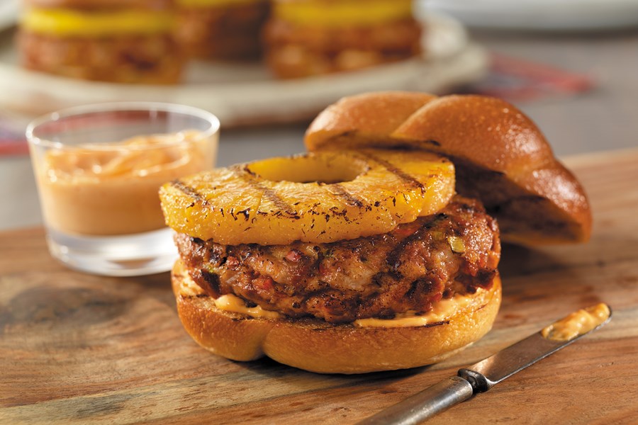 Pork and Chorizo Burgers with Pineapple and Sriracha
