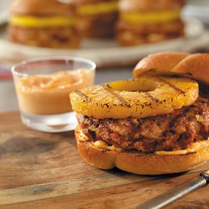 Pork and Chorizo Burgers with Pineapple and Sriracha